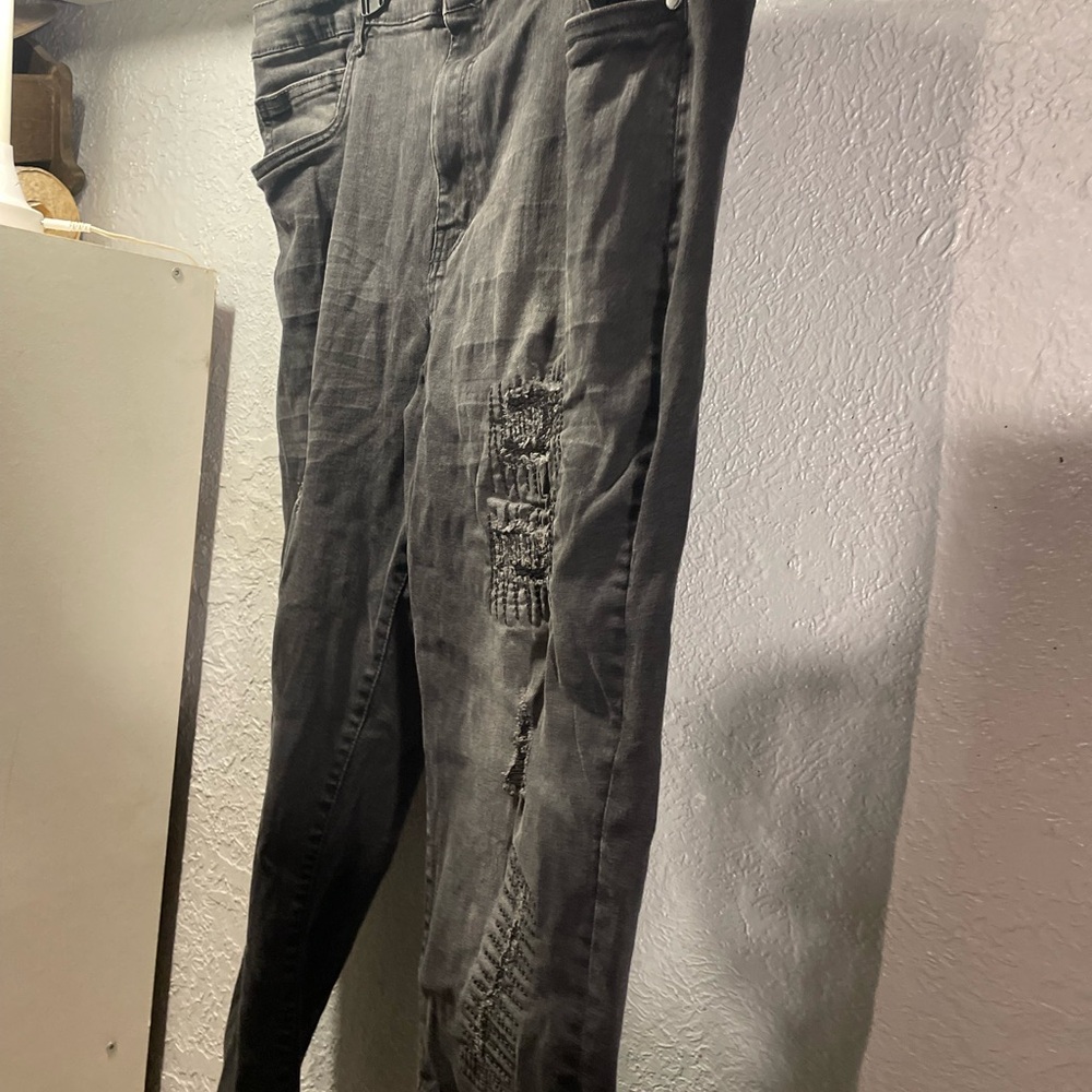 Men's Black Straight Jeans with Distressed Paneling